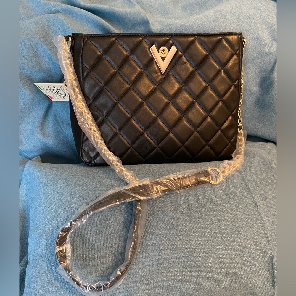 Valentino Orlandi Black Quilted Crossbody Bag with Gold Accent